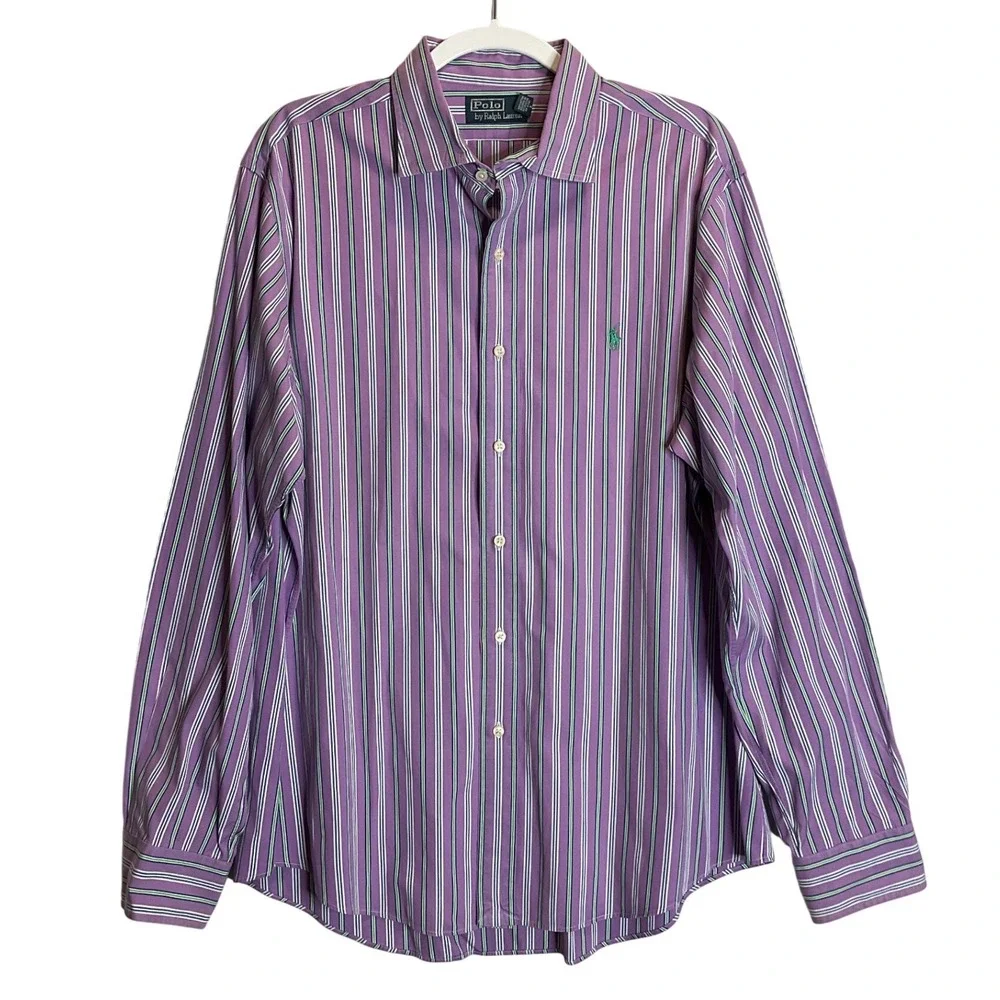 Polo Ralph‎ Lauren Purple Striped Button Up Long Sleeve Shirt Preppy XL